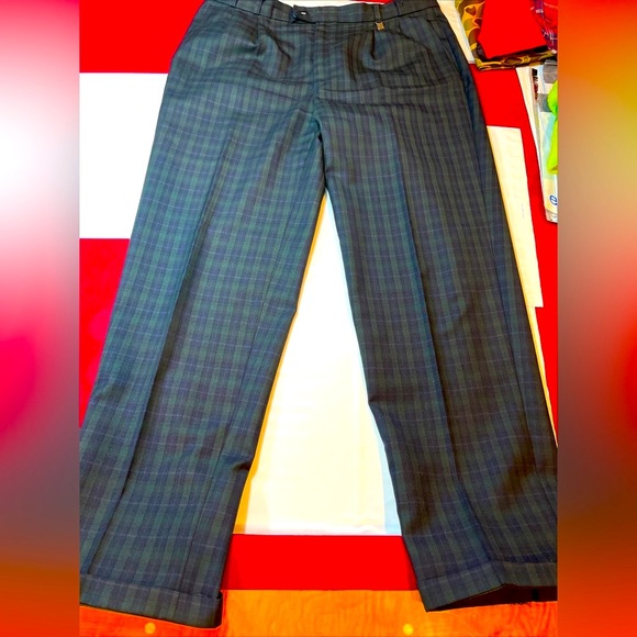 Blue Green PLAID Pleated Wool Dress pants mens 37 rolled cuffs straight KWN 90s - Picture 1 of 13